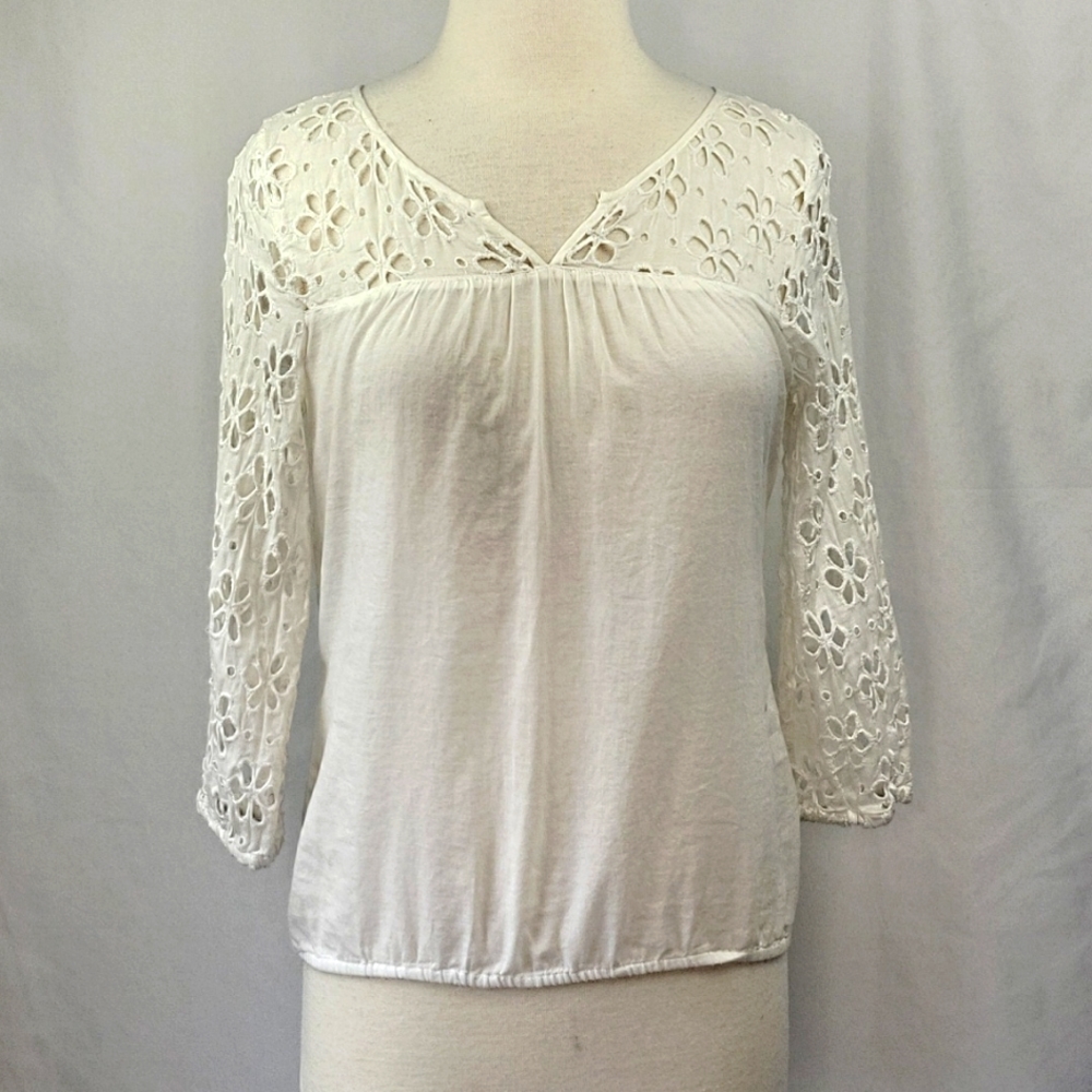 Lucky Brand Eyelet Lace 3/4 Sleeve BOHO Blouse White Size Small